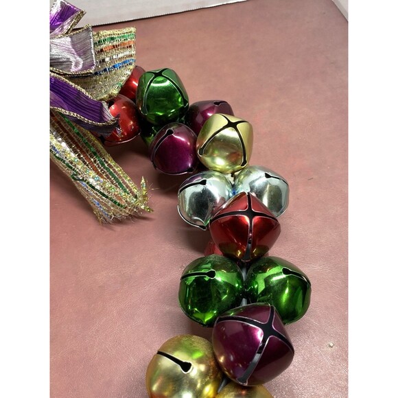 Vintage Christmas Jingle Bells Ribbons 13" Wreath Purple Gold Green Red & Silver - Picture 4 of 16